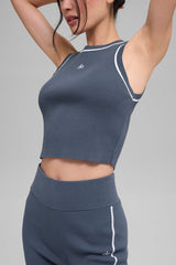 Ribbed Sweater Knit Highline Cropped Tank - Bluestone/White